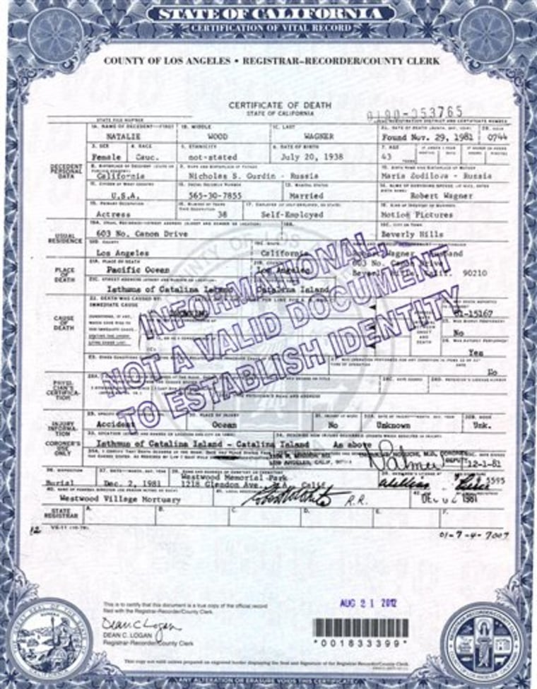 Natalie Wood's death certificate, which was amended on Aug. 1, 2012.